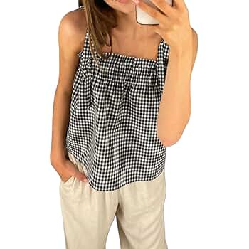 ミストレアス　Plaid Gathering Peplum Camisole Women Y2k Plaid Tank Top Spaghetti Strap Peplum Camisole